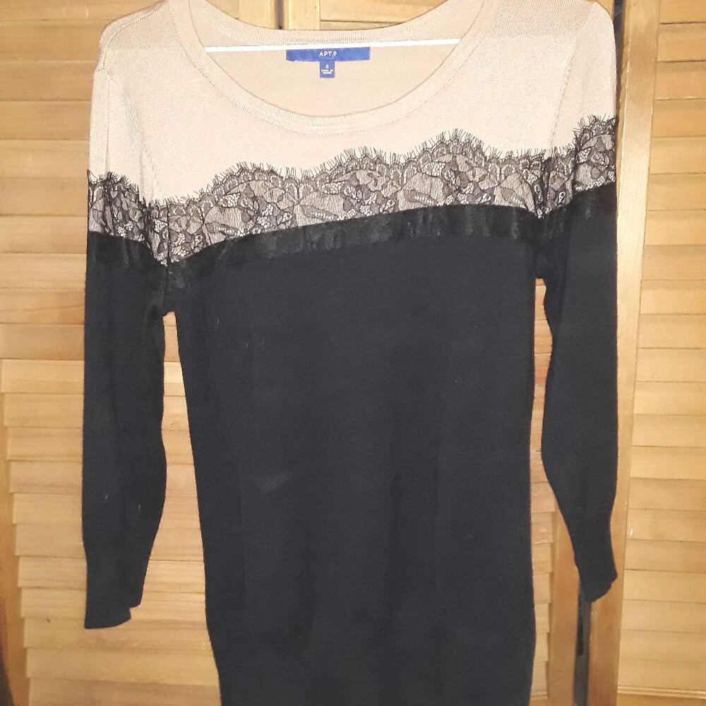 Apt 9 SZ SM Black Tan Knit Lace Color Block Knit Sweater Top Soft & Comfy